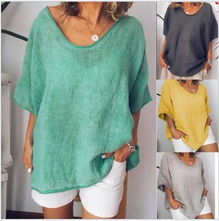 Sleeve Tee Summer Solid Shirt Short Cotton Loose 5XL Women