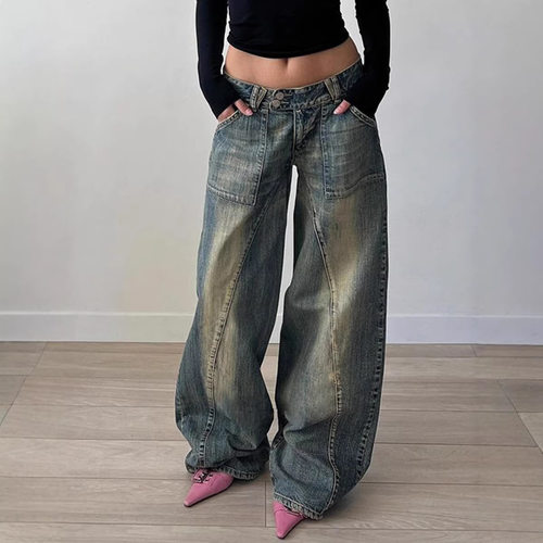 低腰宽松牛仔裤Women Vintage Denim Pants Low-Rise Baggy Jeans