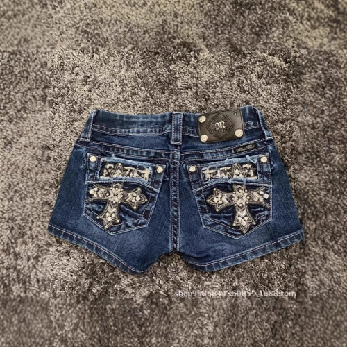 Mini Shorts Women Cross Pockets Low Waist Jeans Shorts女短裤