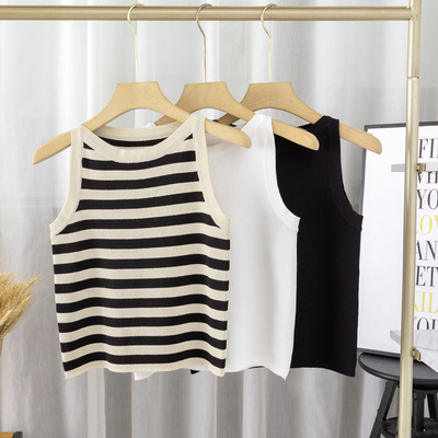 knitted vest sleeveless t-shirt新款韩版挂脖条纹针织小吊带
