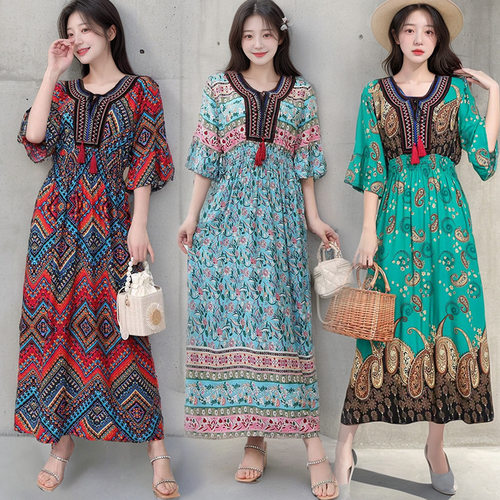 long dress women maxi vestidos boho beach东南亚风棉绸碎花