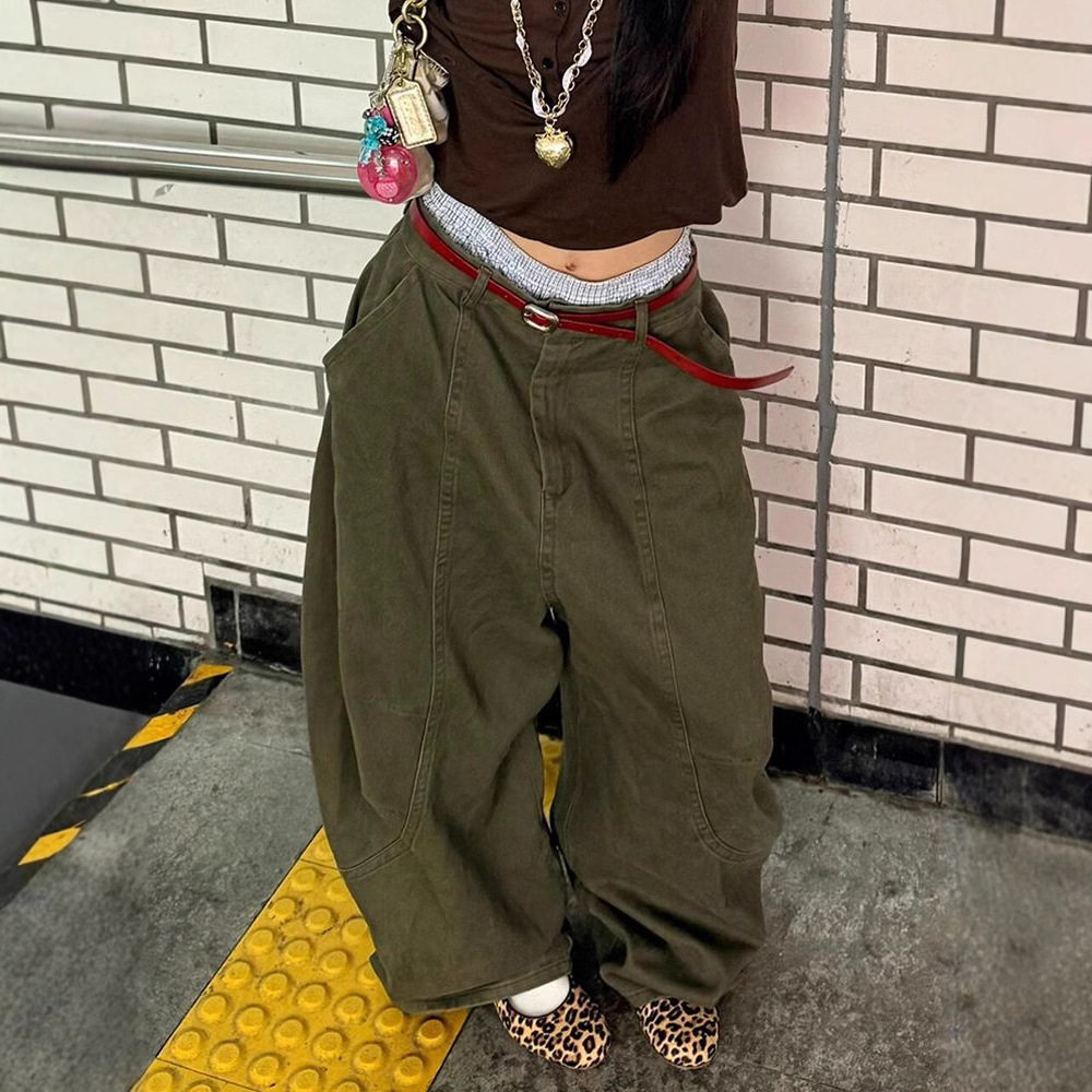 Baggy Jeans美式复古水洗廊形弯刀牛仔裤子女新款辣妹宽松bf慵懒