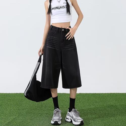 baggy jeans low rise Shorts 复古七分牛仔裤小个女休闲新款显瘦