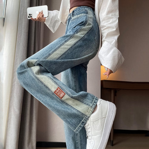 women american stylish retro jeans denim pants宽松高腰阔腿