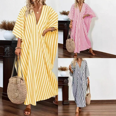 Women Striped Half Sleeve Ankle Length V-neck Dresses Female