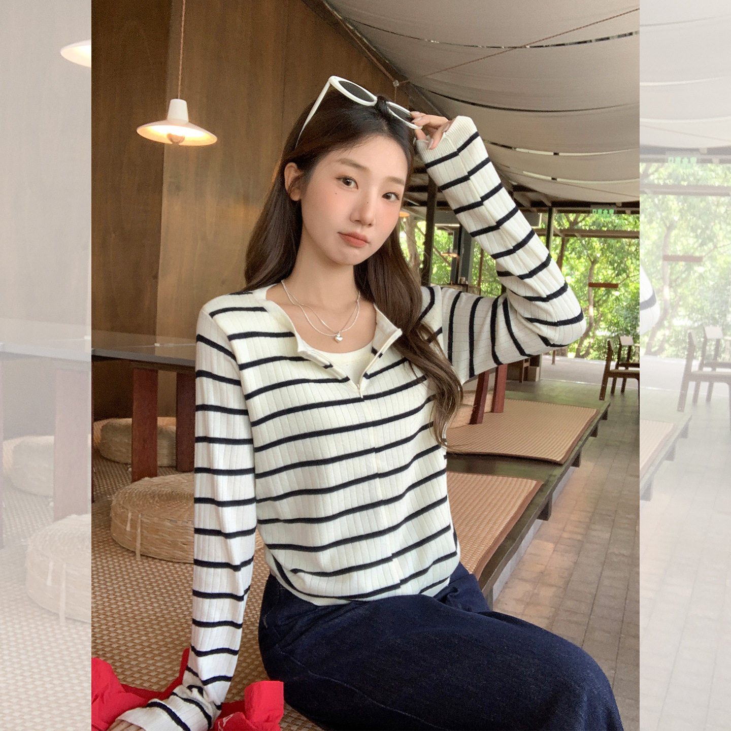fashion women striped tops blouse杏色条纹拼接撞色假两件长袖