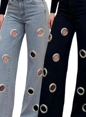 y2k street Jeans women hallow out denim pants 新款时尚牛仔裤