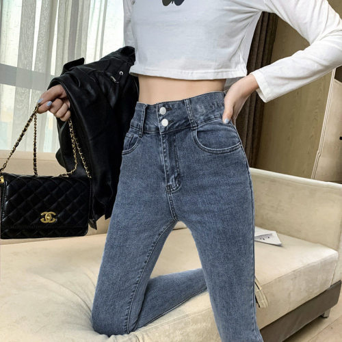 women american stylish retro jeans denim pants高腰弹力牛仔裤