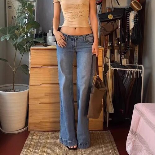 Womens Retro Washed Low Waisted Flared Jeans New Chic Casual