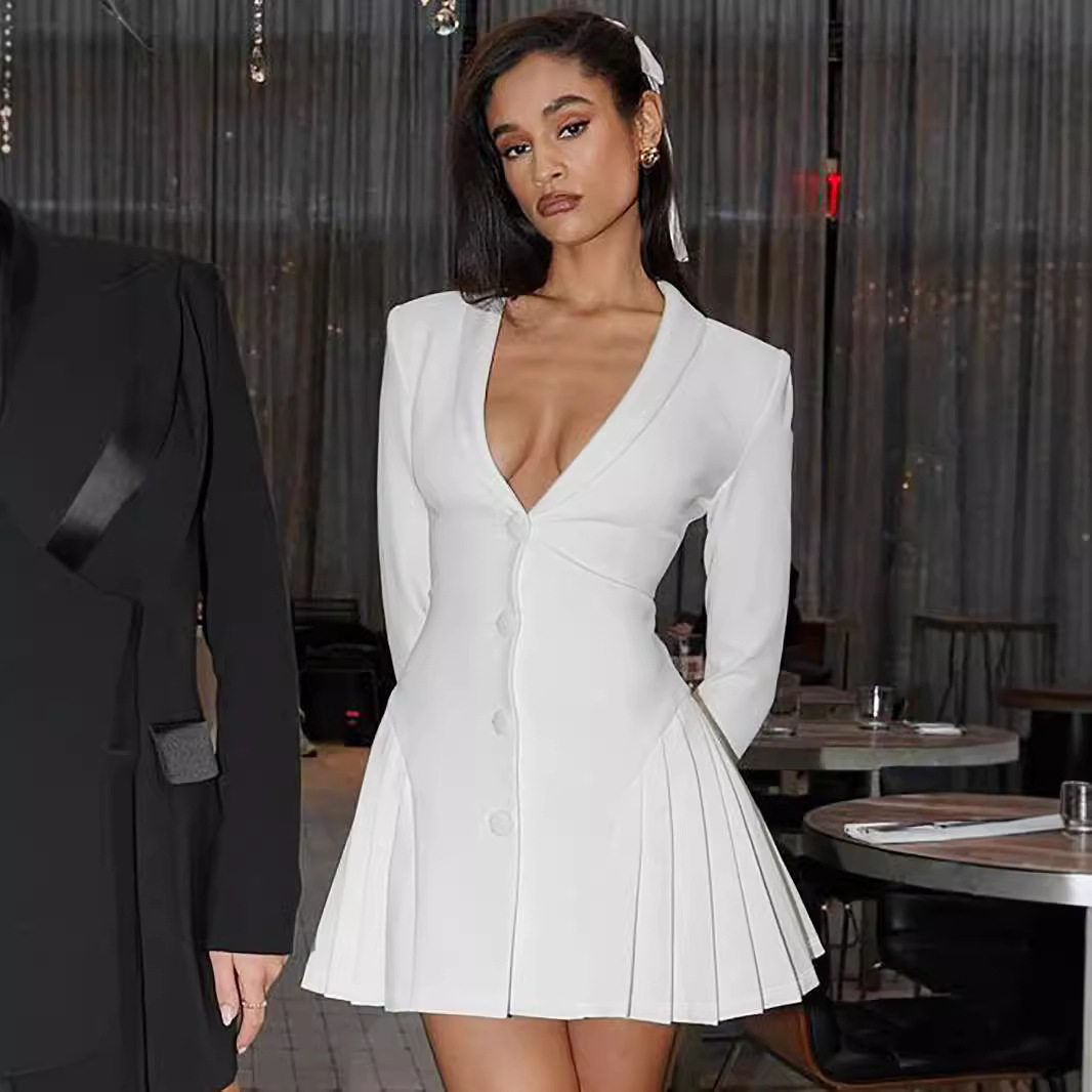 new dress women elegant ladies vestidos欧美纯色长袖百褶性感图片