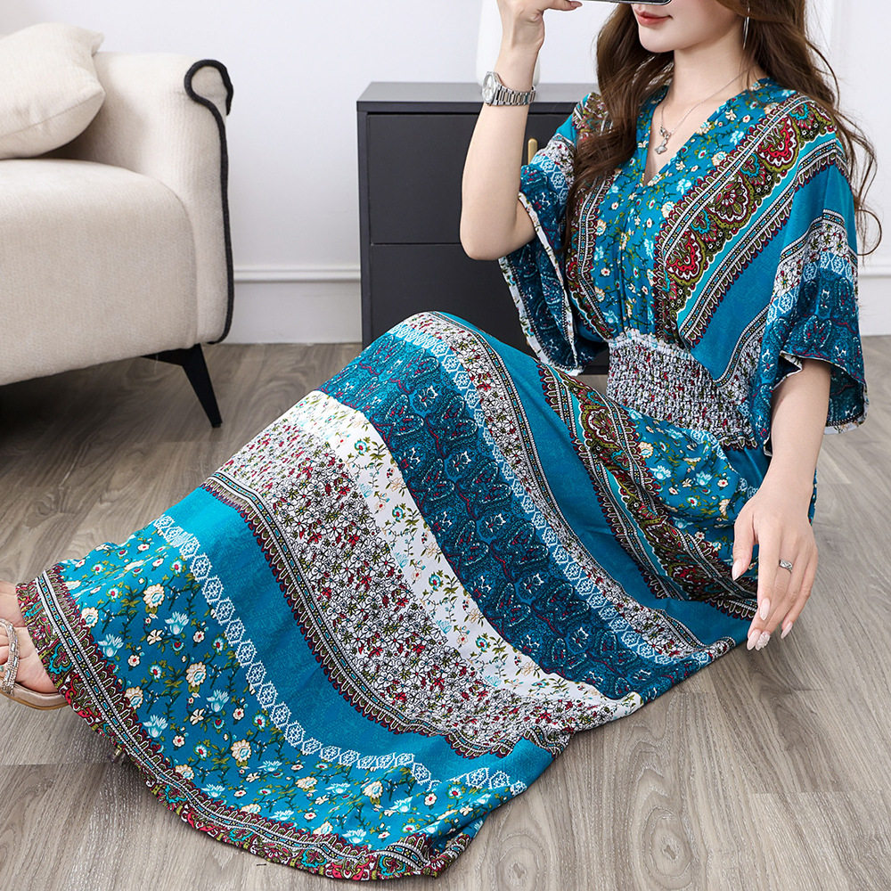 long dress women maxi vestido boho beach人棉绸蝙蝠袖连衣裙女