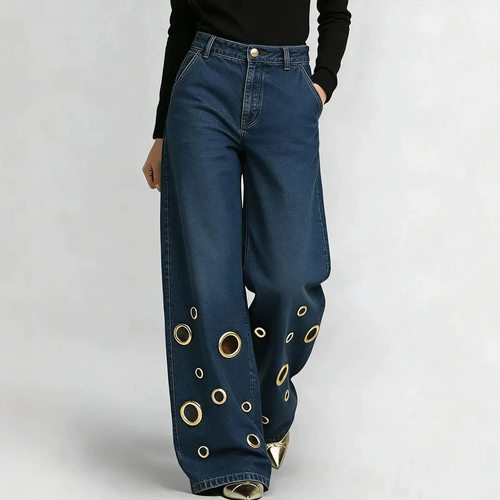 Women's  Wide Leg Jeans Blue Denim Gold Eyelet Cutout Pants