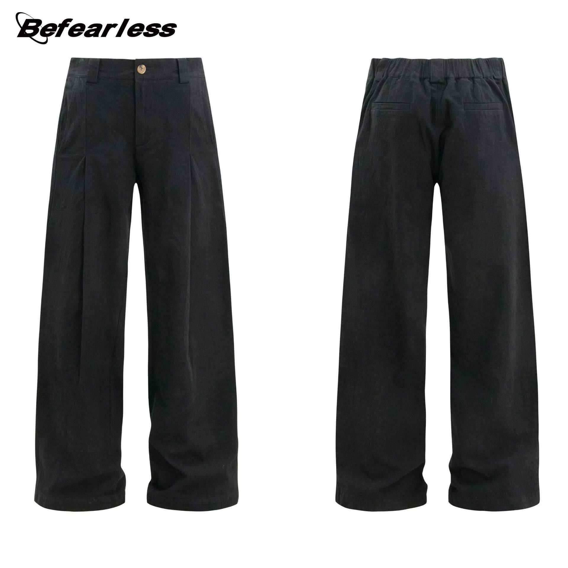 美式复古水洗打褶直筒棉麻西裤男女baggy pants Men wide leg Man