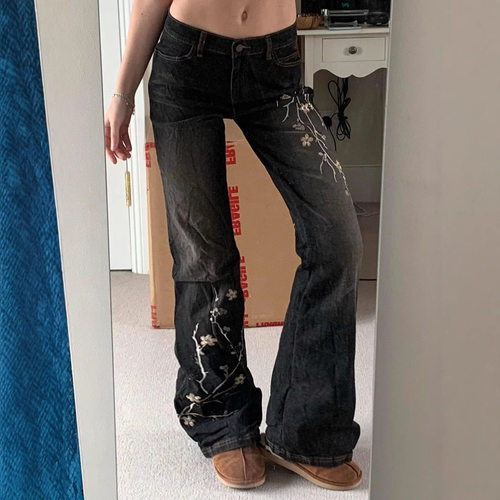 floral embroidery jeans vintage womens low rise flared jeans