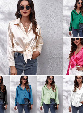 women shirts爆款实拍色丁衬衫女缎面仿真丝长袖衬衣女新款Female