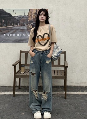 womens retro hole-punched jeans high waist loose slim design