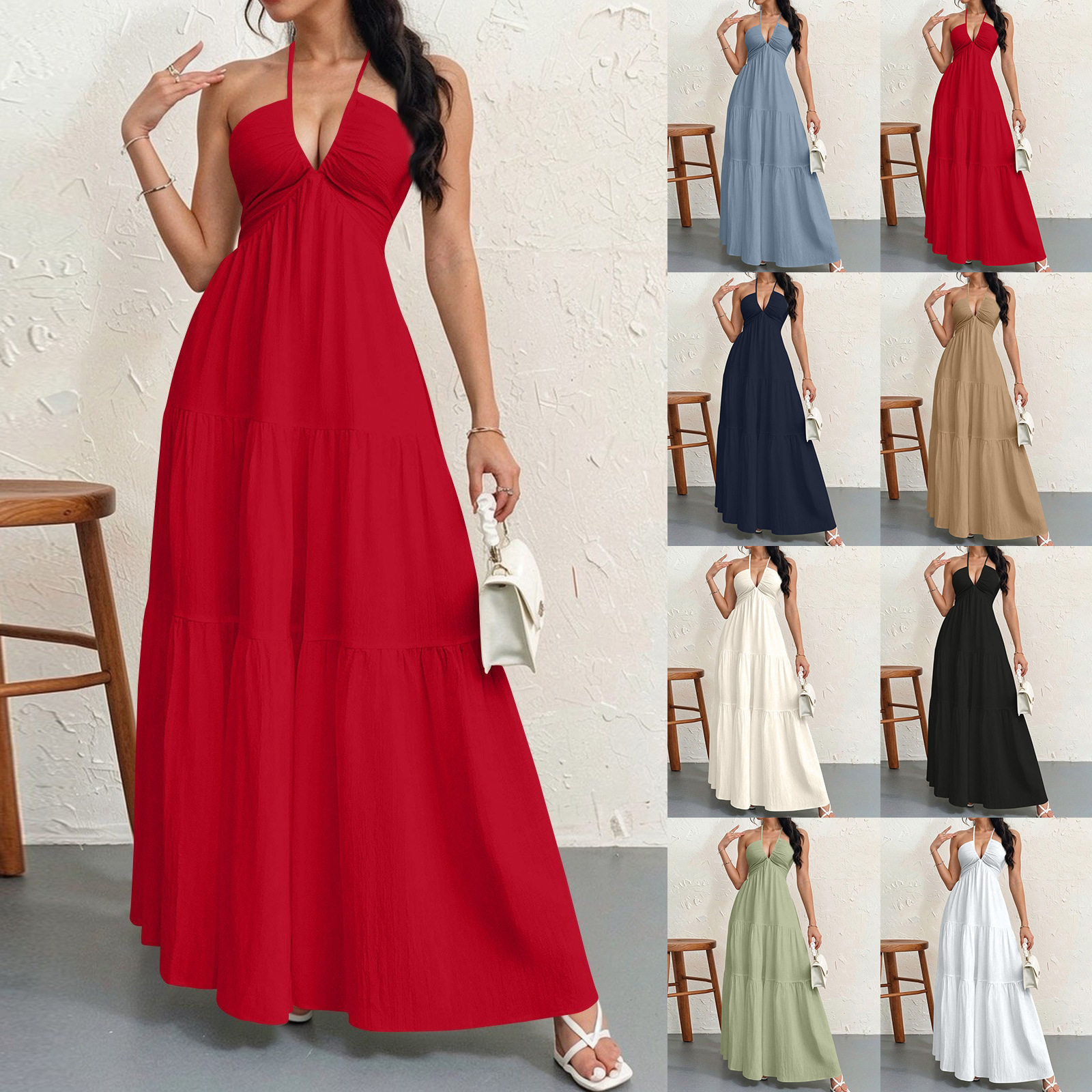 新款女士挂脖连衣裙Women Beach Vacation Backless V-Neck Dress