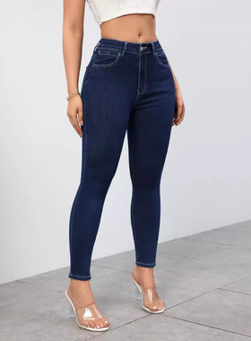 women jeans denim pants trouser新款深蓝色牛仔长裤女修身高腰