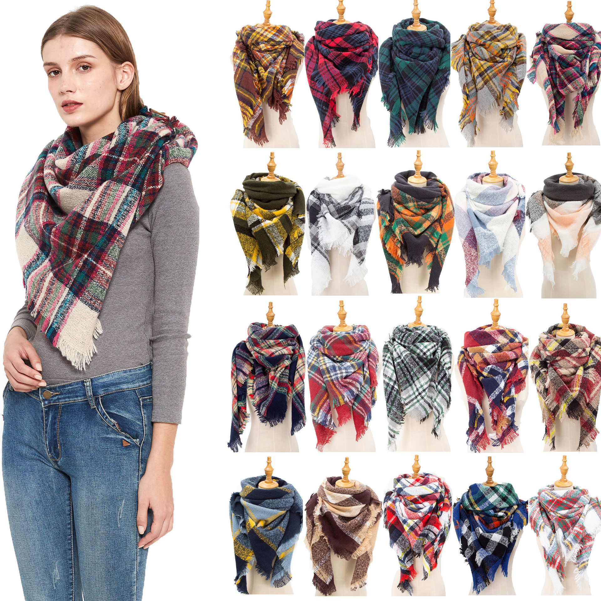 scarf shawl热款新刺毛方巾对开披肩女士格子三角巾围巾
