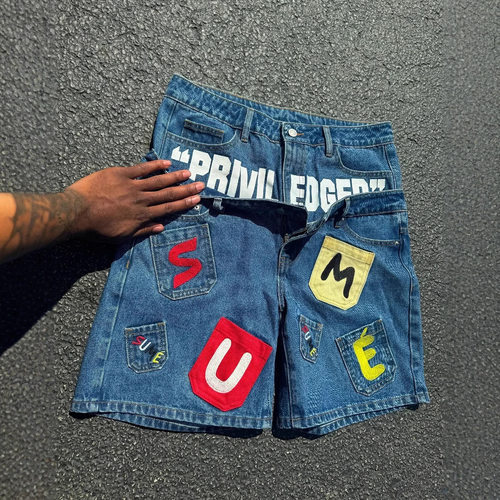 Short Jeans Y2k Hip Hop Fake Two-piece Denim Shorts 牛仔短裤