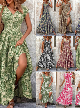 Plus Size Women's Bohemian Floral V-Neck Short Sleeve Dress