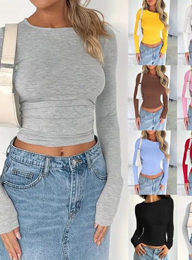 women sexy crop top tee Fashion新款纯色修身圆领短款长袖t恤女