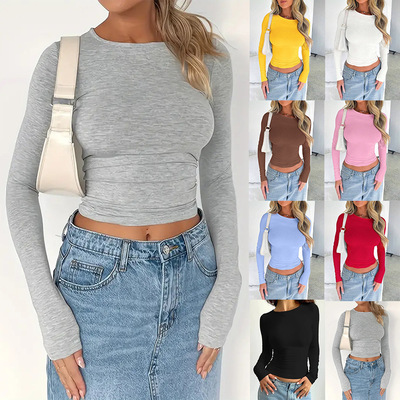 women sexy crop top tee Fashion新款纯色修身圆领短款长袖t恤女