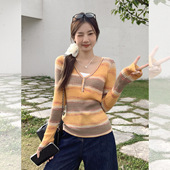 women striped tops fashion blouse韩式 假两件条纹撞色v领针织
