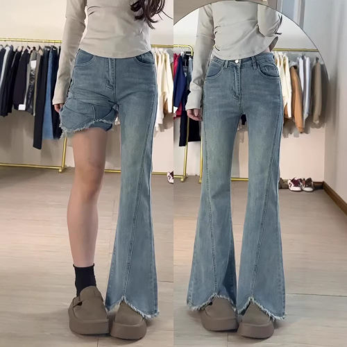 fashion women american retro jeans denim pants浅色开叉毛边
