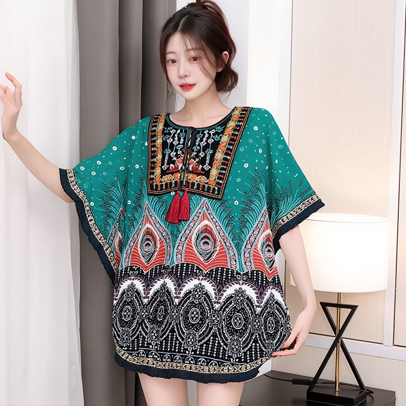 Tops dress womens maxi vestidos boho beach泰国民族风衣绣花领