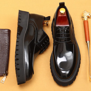 英伦风厚底皮鞋男款圆头亮皮商务休闲大头鞋真牛皮增高正装德比鞋