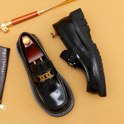 休闲皮鞋男款韩版头层牛皮潮流宽脚厚底增高大码一脚蹬大头乐福鞋