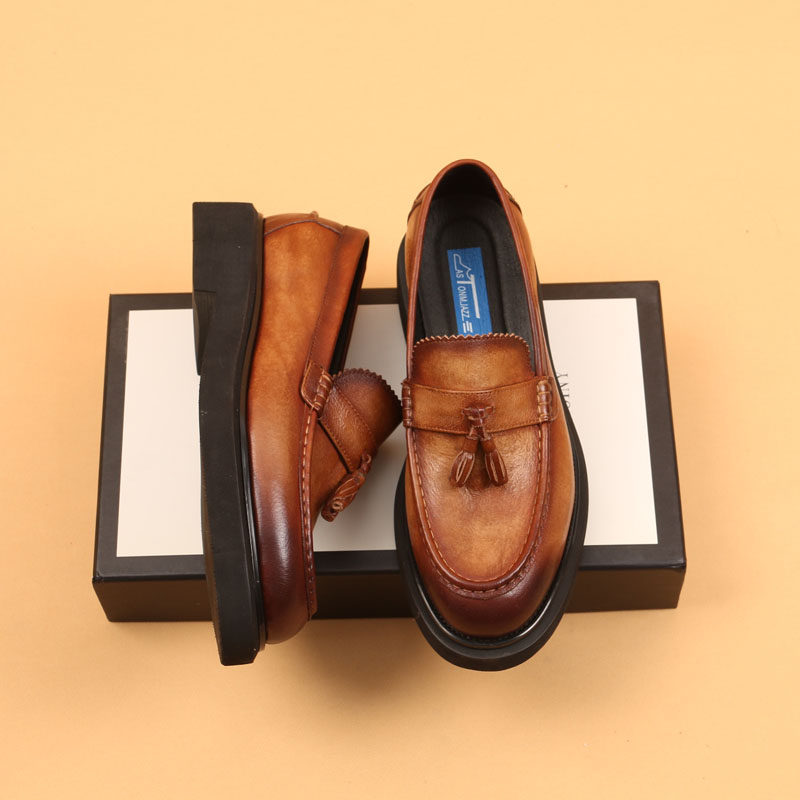 乐福鞋男2024男款一脚蹬软面皮厚底流苏男鞋真皮英伦增高休闲皮鞋,流行男鞋,休闲皮鞋,淘宝优惠券,粉丝福利购,淘宝优惠卷