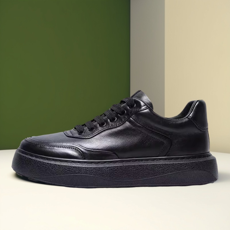 2025新款高档男鞋男士头层牛皮休闲鞋软皮软底耐磨板鞋厚底黑色