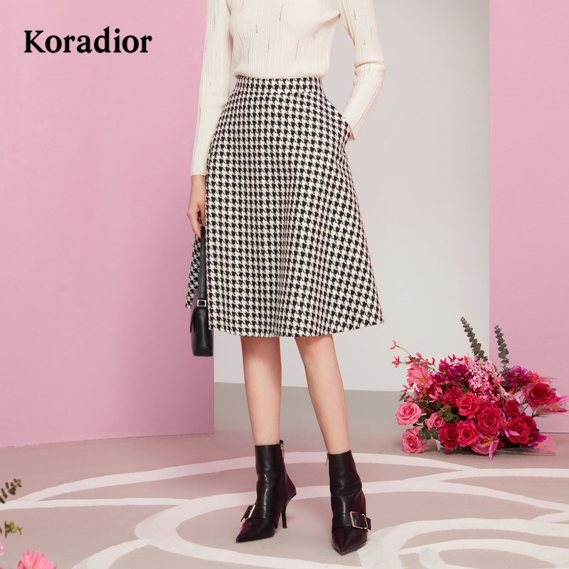 【商场同款】珂莱蒂尔outlets冬百搭高级感千鸟格a字半身裙长裙