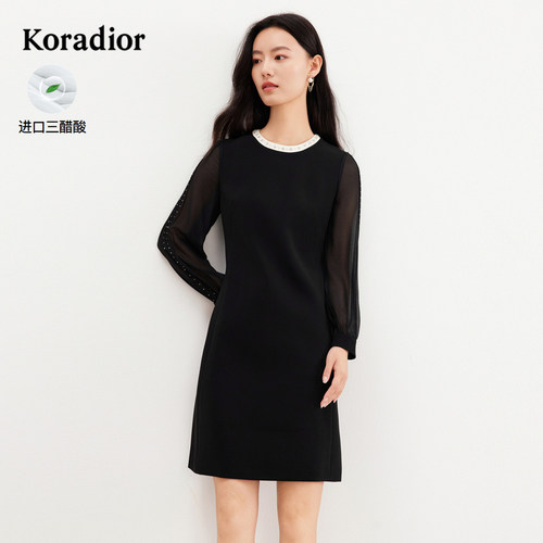 珂莱蒂尔outlets女装春通勤百搭醋酸面料钉珠设计感长袖连衣裙