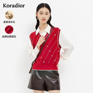 女2023年新款 珂莱蒂尔羊毛红色针织背心女宽松外穿无袖 上衣针织衫