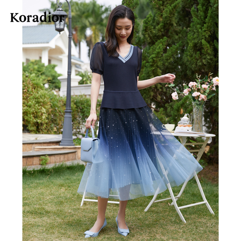 珂莱蒂尔商场同款假两件渐变连衣裙女银河蓝裙子新款优雅星空纱裙