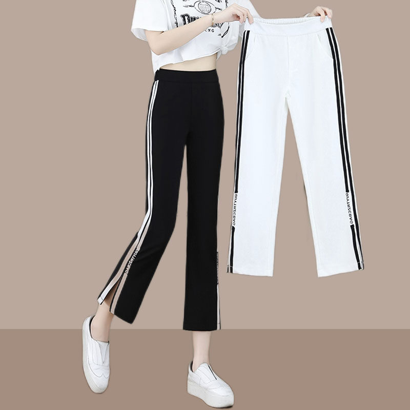 微喇叭女夏薄款高腰显瘦七八九分休闲运动打底裤夏天弹力紧身开叉