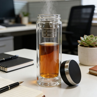 2026新款双层隔热玻璃茶杯商务泡茶水杯高档透明玻璃杯定制广告杯