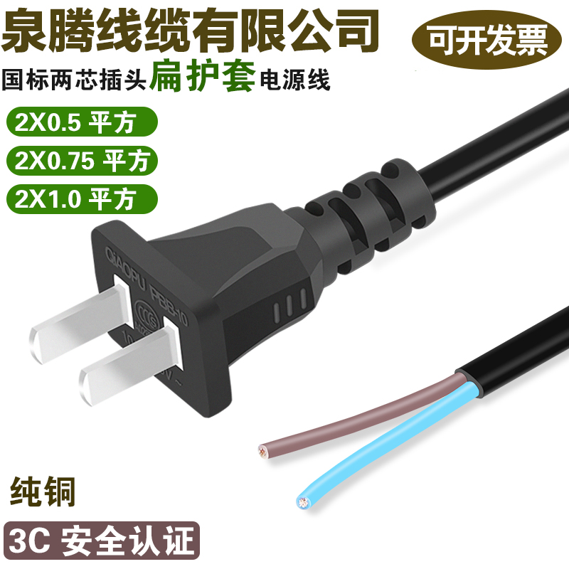 国标两芯插头电源线扁护套6A10A250V纯铜CCC认证0.5平方0.75平方-封面