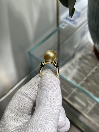 浓金13.5mm南洋金珠戒指 个性设计款，重工s925镶嵌
