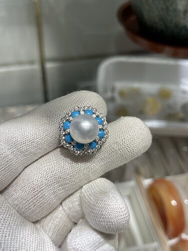 宝石光11.9mm澳白珍珠戒指 重工s925美松镶嵌