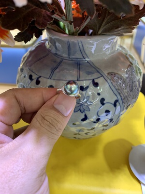 新品 10.45mm梦幻湖水蓝大溪地黑珍珠戒指