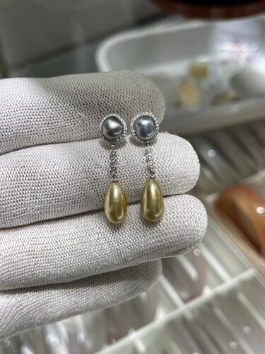 无核keshi双珠款耳钉6～7mm铂金灰6～7mm浓金金珠18k天然钻石