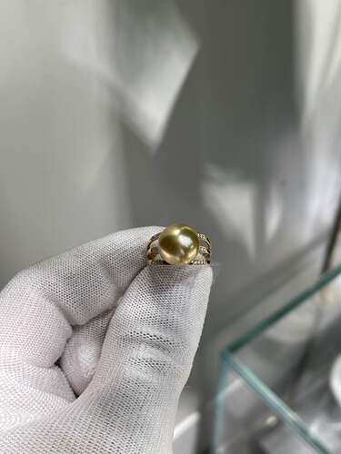 浓金11.5mm南洋金珠戒指 18k天然钻石镶嵌