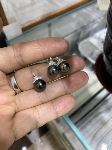 冰雪款，大溪地孔雀绿珍珠耳钉吊坠套装 18k莫桑钻镶嵌 耳钉 吊坠