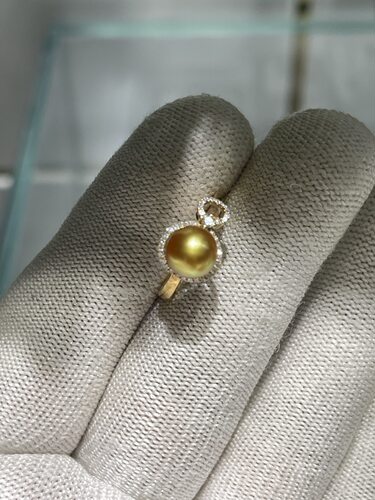 浓金金豆豆葫芦款戒指 茶金绿色7～8mm南洋金珠 厚金18k天然钻石