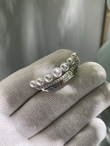 日本成品渐变设计戒指天女光5～7mm海水akoya多珠款18k天然钻石