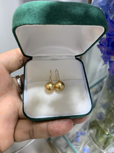 新品24k浓金色9.5mm南洋金珠高跟鞋耳钉 18k天然钻石镶嵌